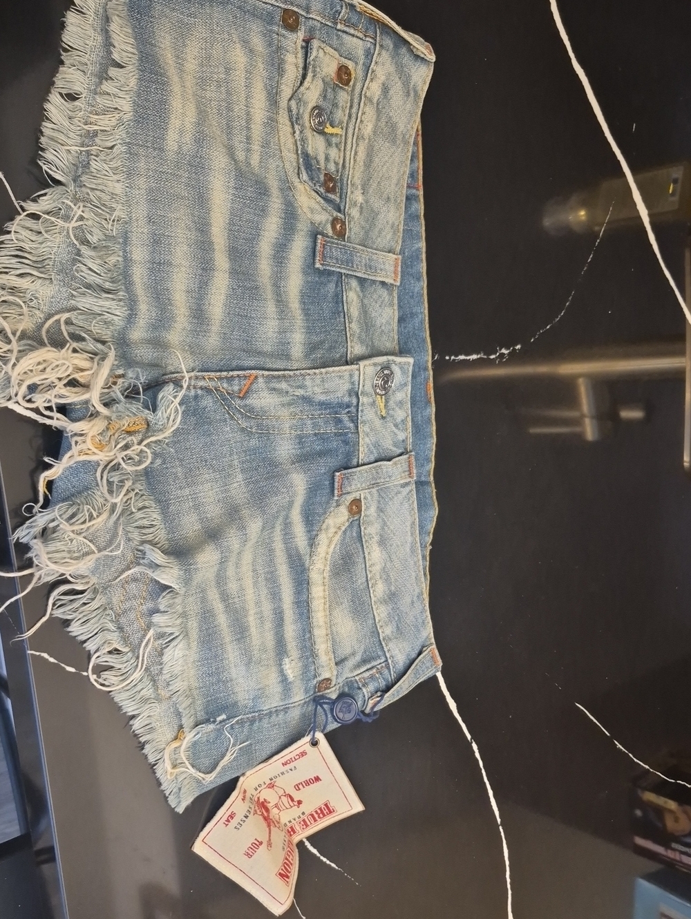 True Religion Light Wash Frayed Hem Denim Shorts